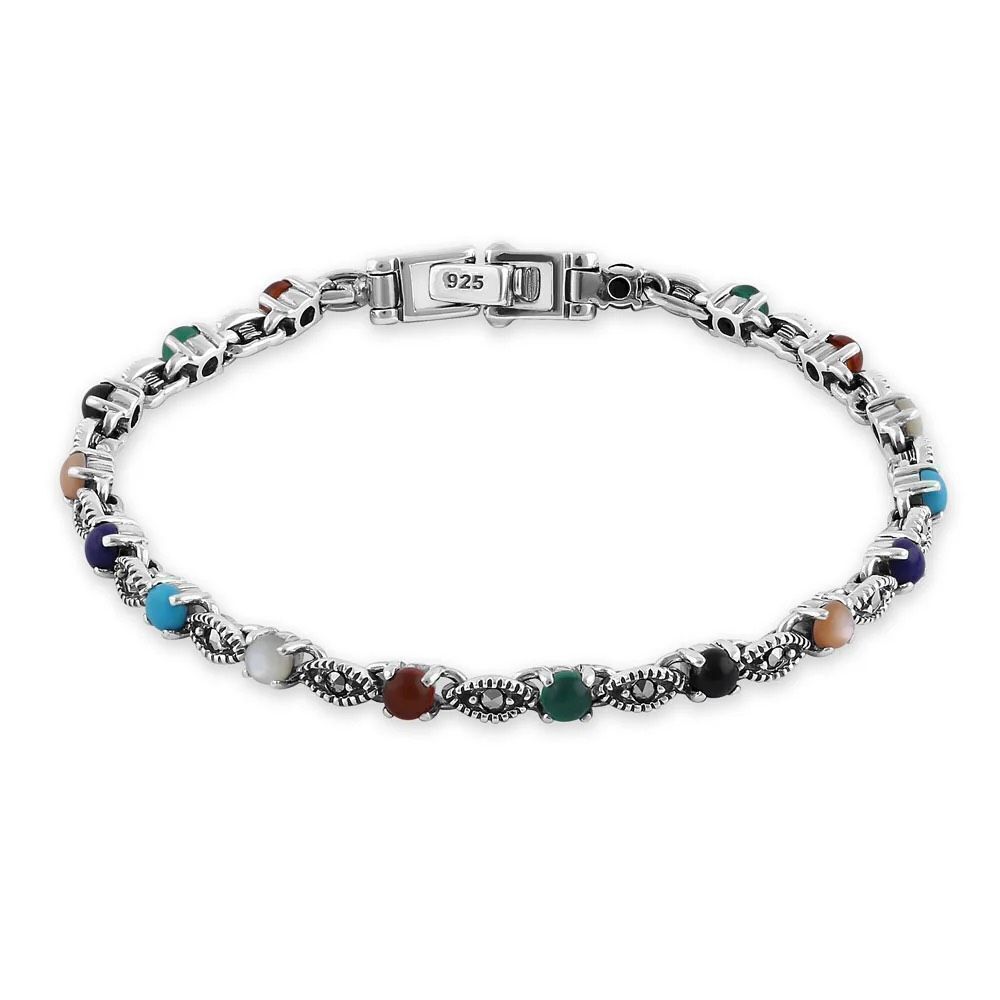Sterling Silver Eternal Round Rainbow Gemstone Marquise Marcasite Bracelet New